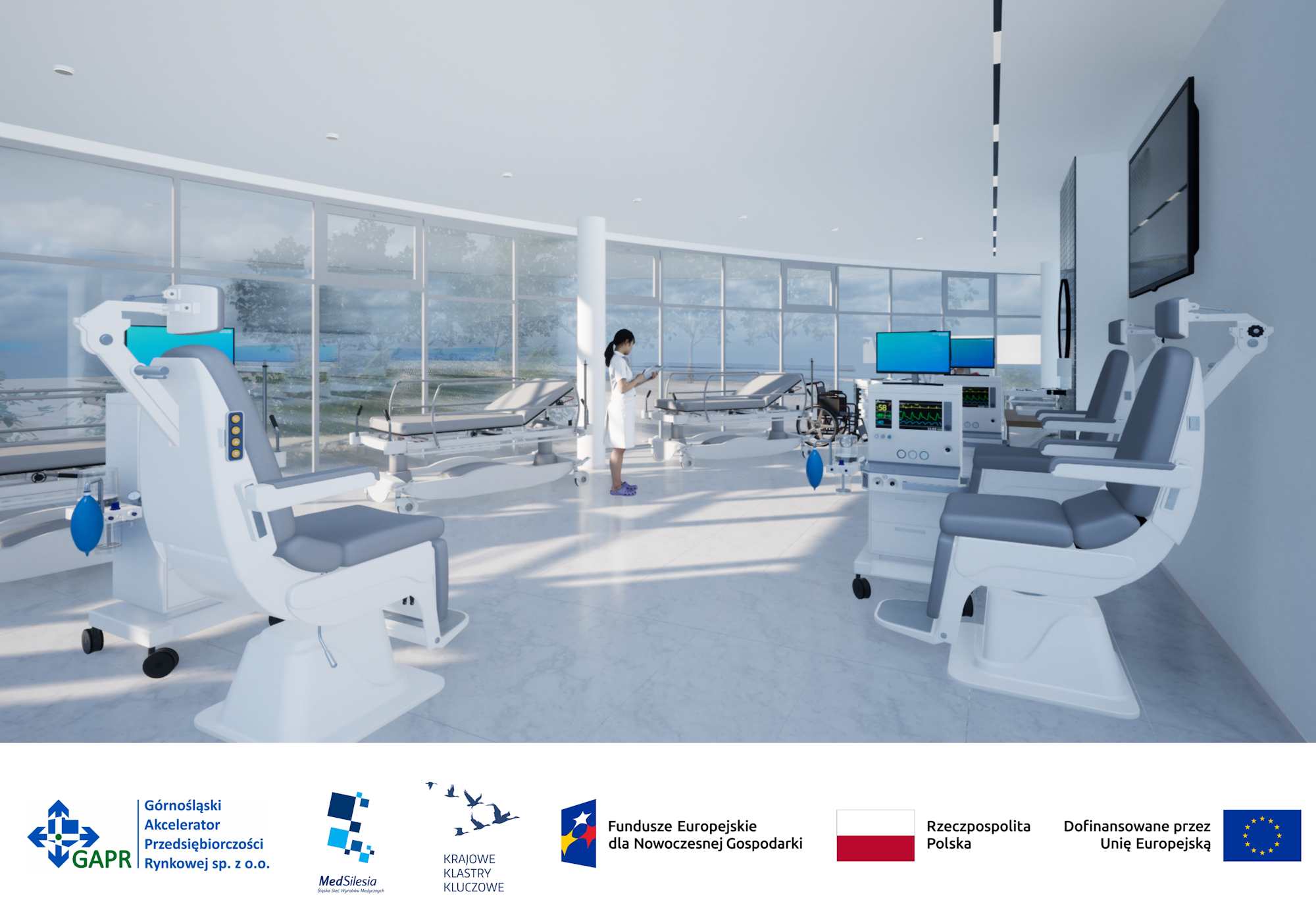 Wnętrza MedSilesia Innovation Showroom - wizualizacja poglądowa (mat. GAPR) roboty, okna, pomieszczenie