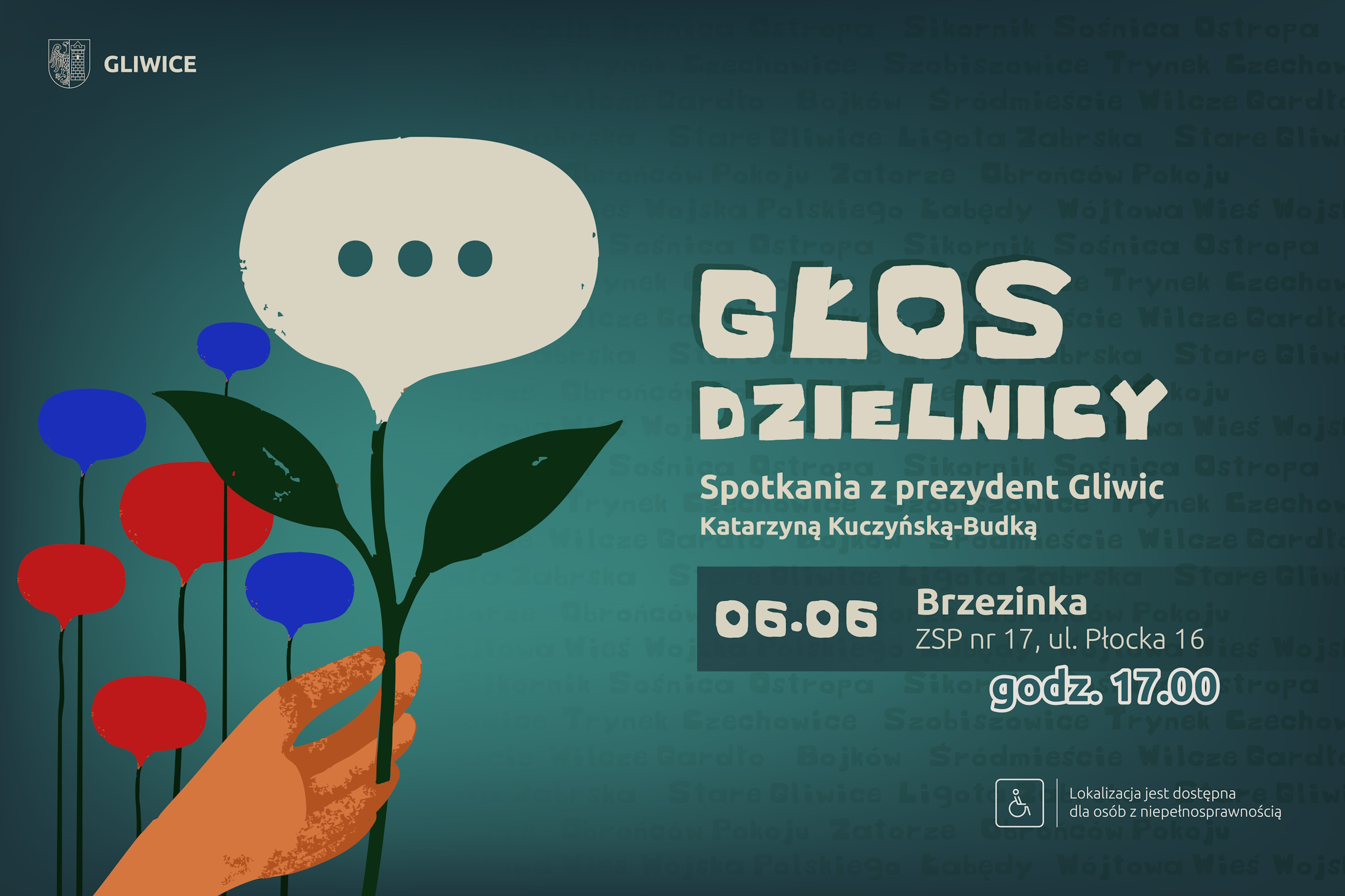 Plakat z napisem głos dzielnicy i informacjami o spotkaniu w Brzezince