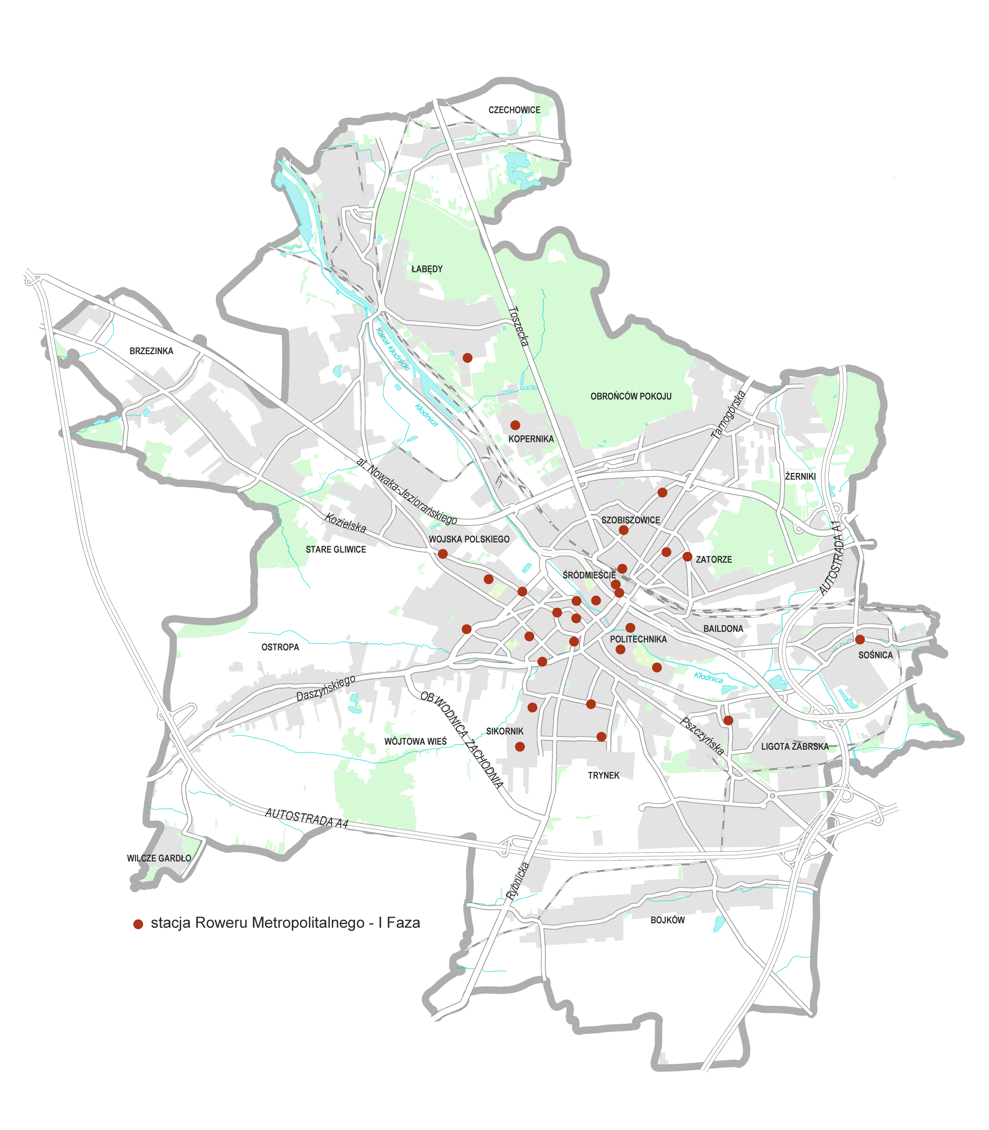 lokalizacja 29 stacji Roweru Mewtropolitalnego - 1 faza systemu w Gliwicach