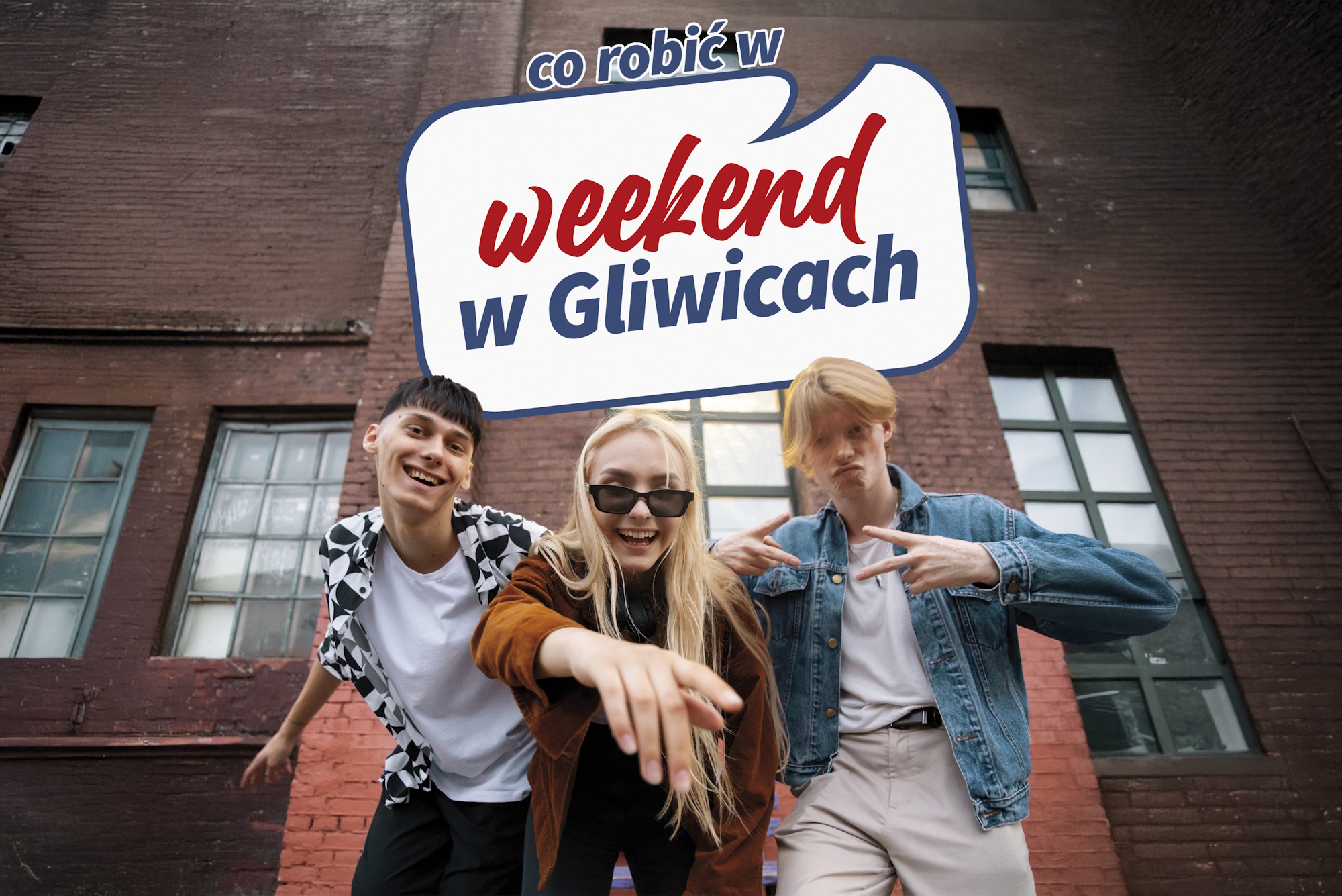 Grafika z trójką młodych ludzi i napisem weekend w Gliwicach