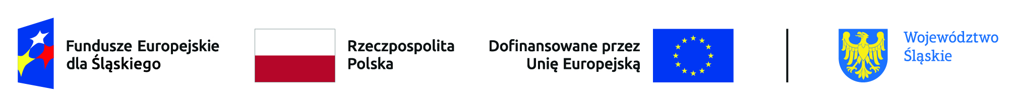 4 znaki graficzne: niebieski prostokąt z gwiazdkami - symbol programu Fudusze Europejskie dla Sląskiego, flaga Polski, flaga Unii Europejskiej,  herb województwa śląskiego