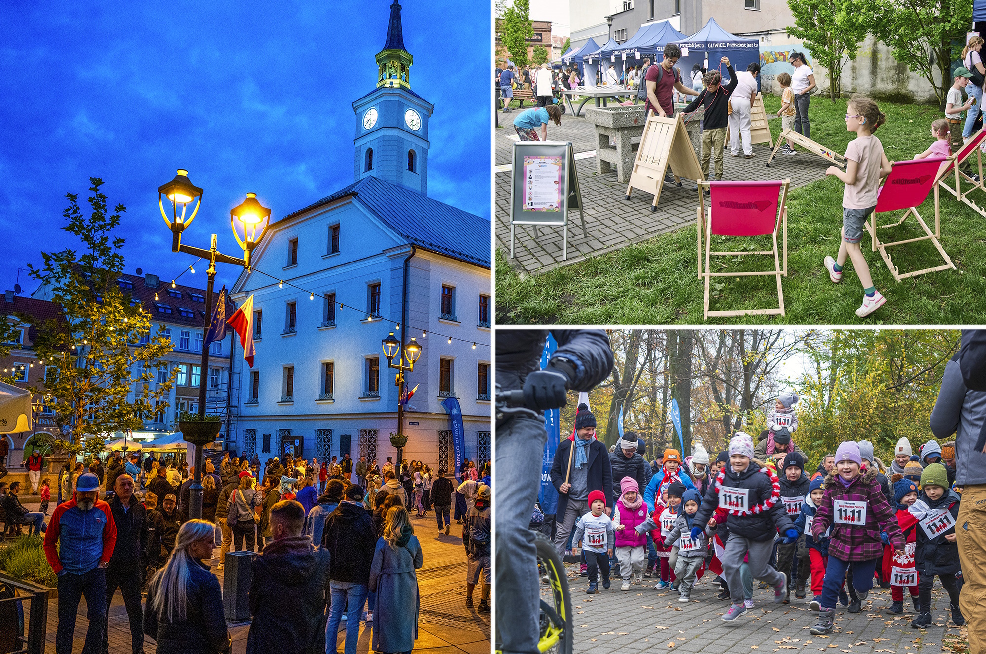 Zdjęcie z Dnia Europy na Rynku z Ratuszem w tle, z piniku majowego na skwerze Bottrop z mieszkańcami, biegu dla dzieci 11 listopada