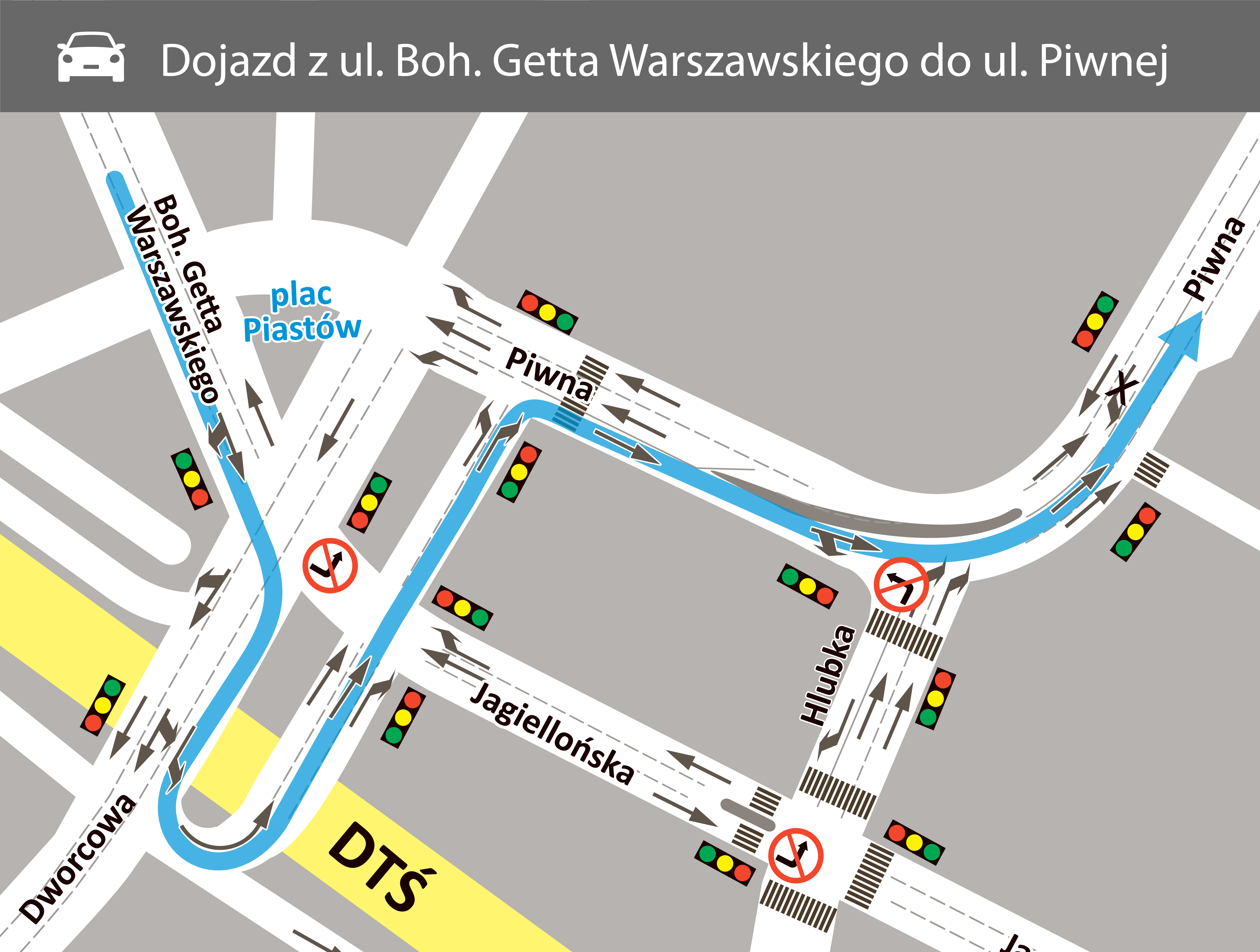 Dojazd z ulicy Bohaterów Getta Warszawskiego do Piwnej