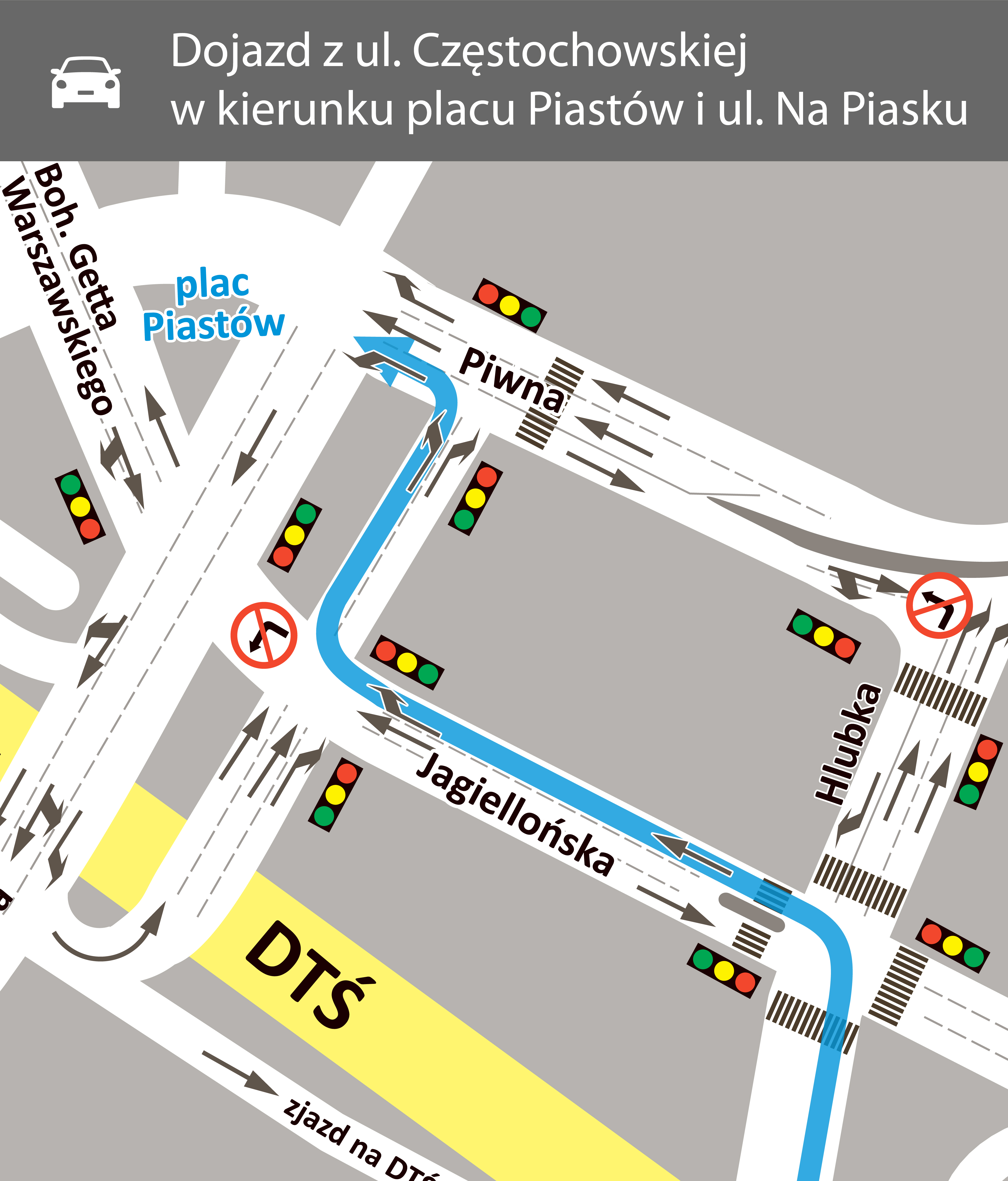 Dojazd z ulicy Częstochowskiej do placu Piastów