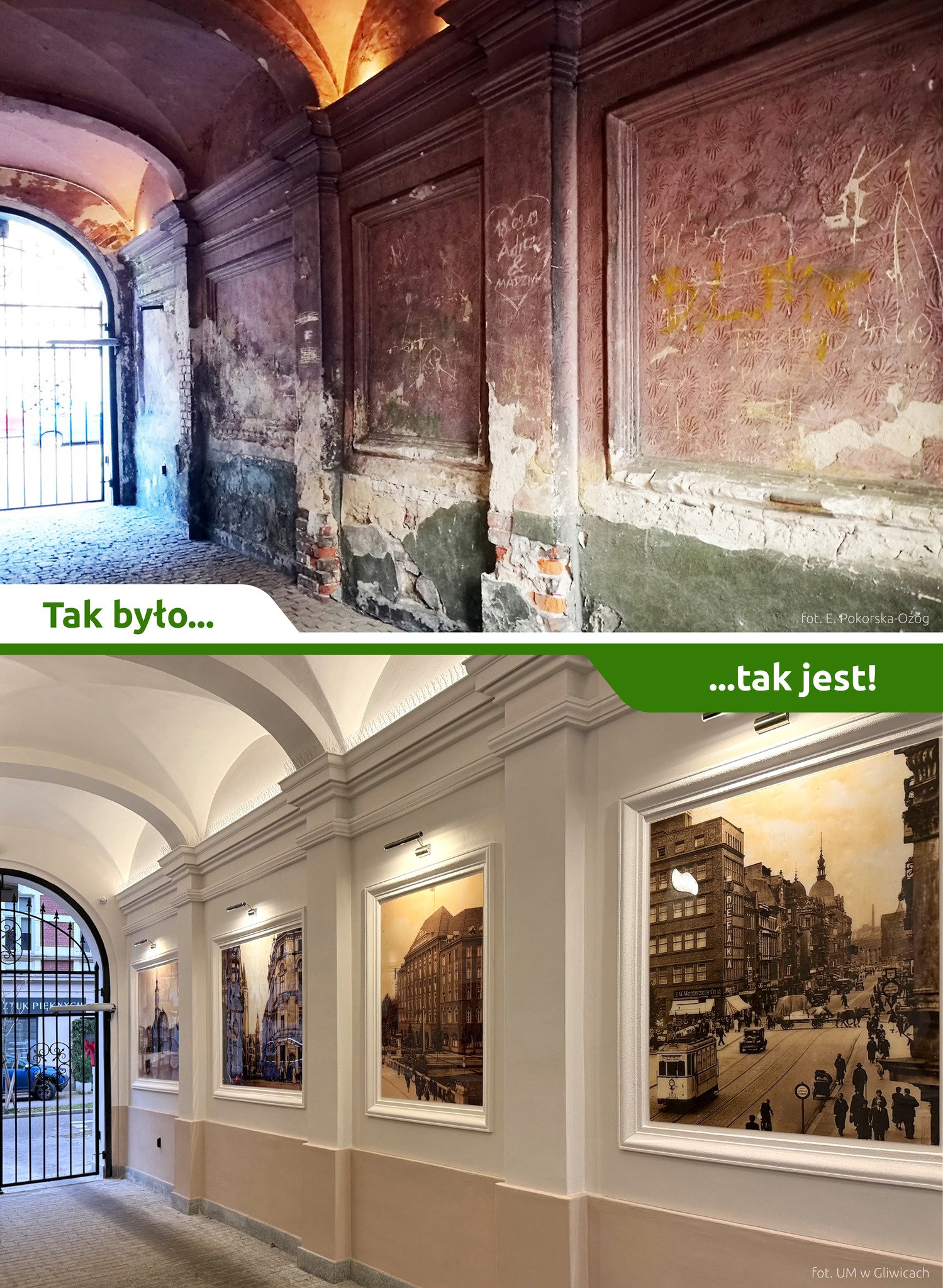 kolaż zdjęć kamienicy przed i po remoncie