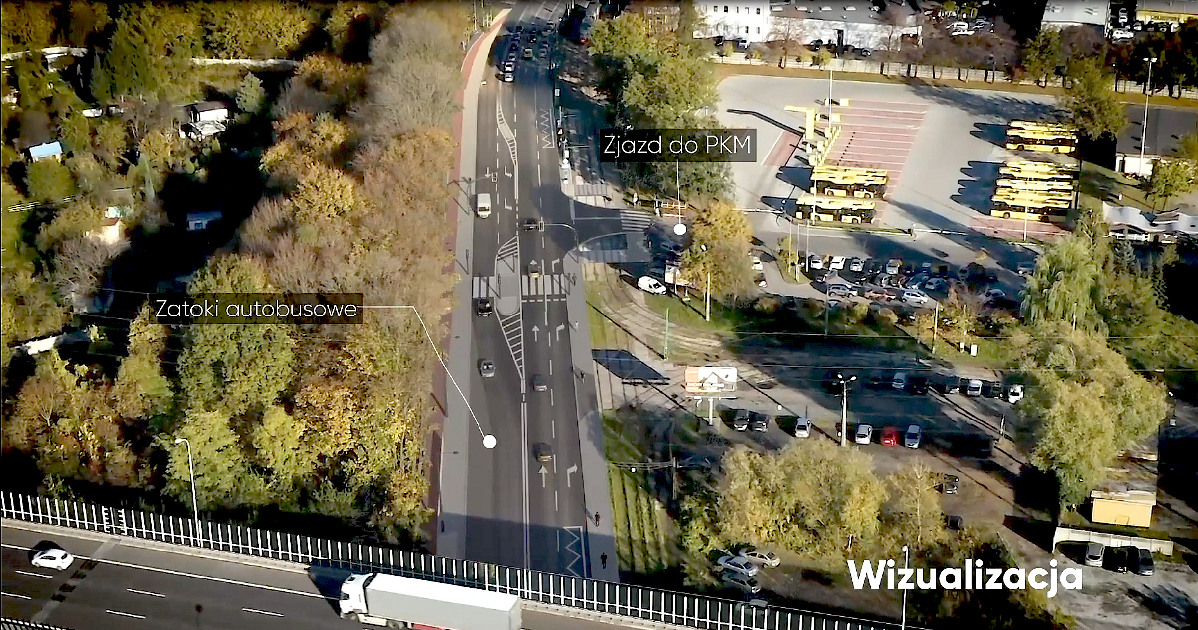 widok na ulicę Chorzowską z lotu ptaka z proponowanymi zmianami w szerokości jezdni i ścieżkami rowerowymi