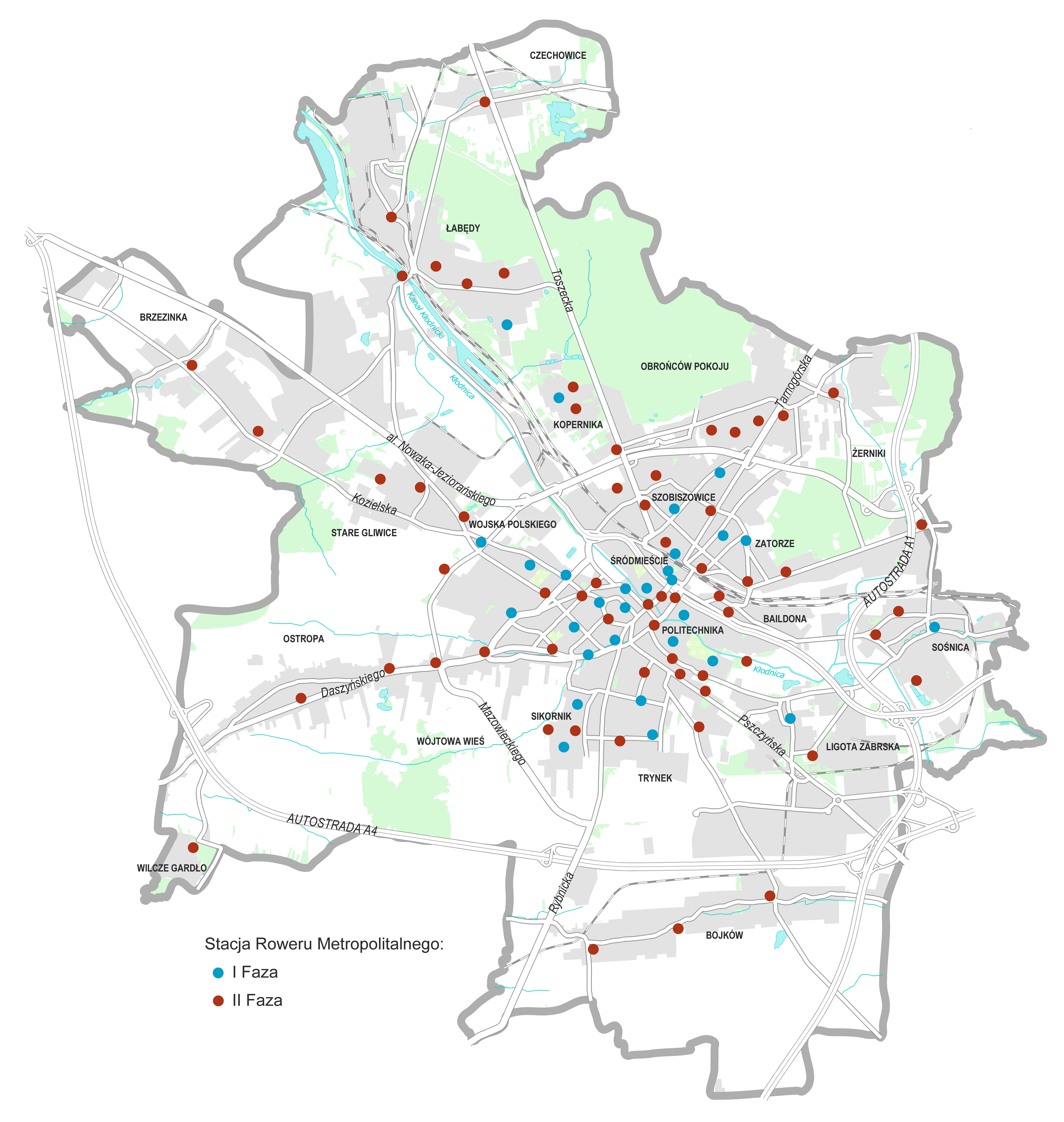 Mapka z gliwickimi stacjami metroroweru