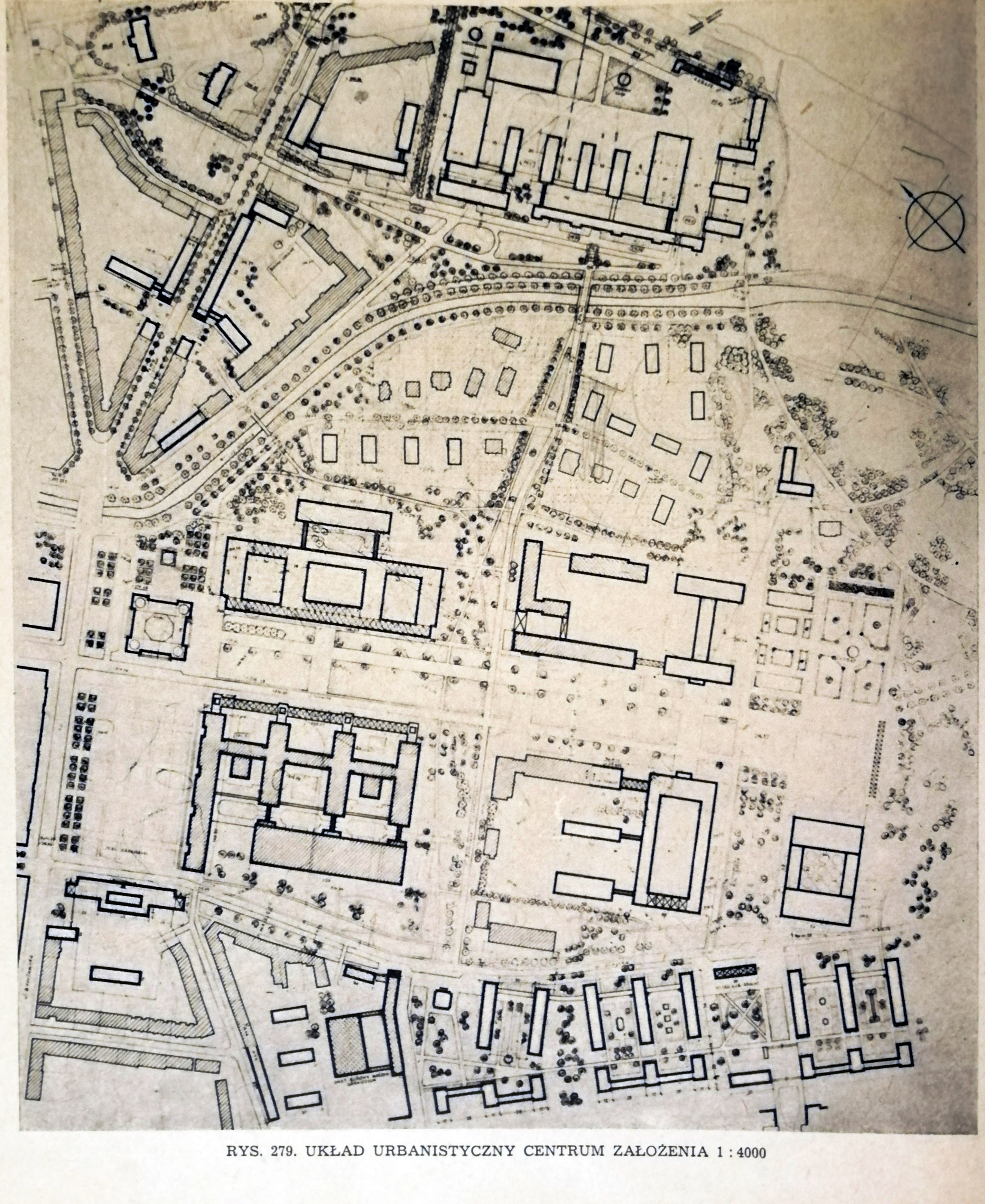 Projektowane założenie architektoniczne miasteczka akademickiego, przedstawione w publikacji autorstwa Bohdana Garlińskiego „Architektura Polski 1950–1951”