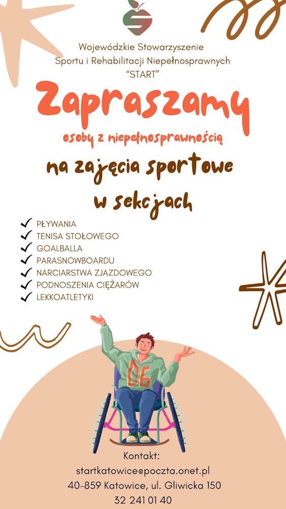 Plakat z młodym człowiekiem na wózku. 