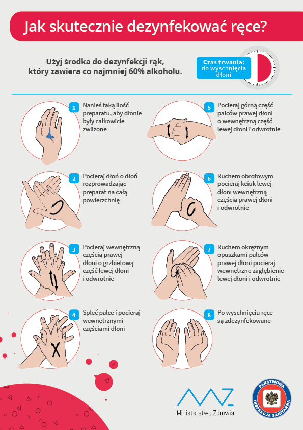 Jak skutecznie dezynfekowac ręce? Użyj środka do dezynfekcji rąk, który zawiera co najmniej 60%. Czas trwania: 30 sek, do wyschn