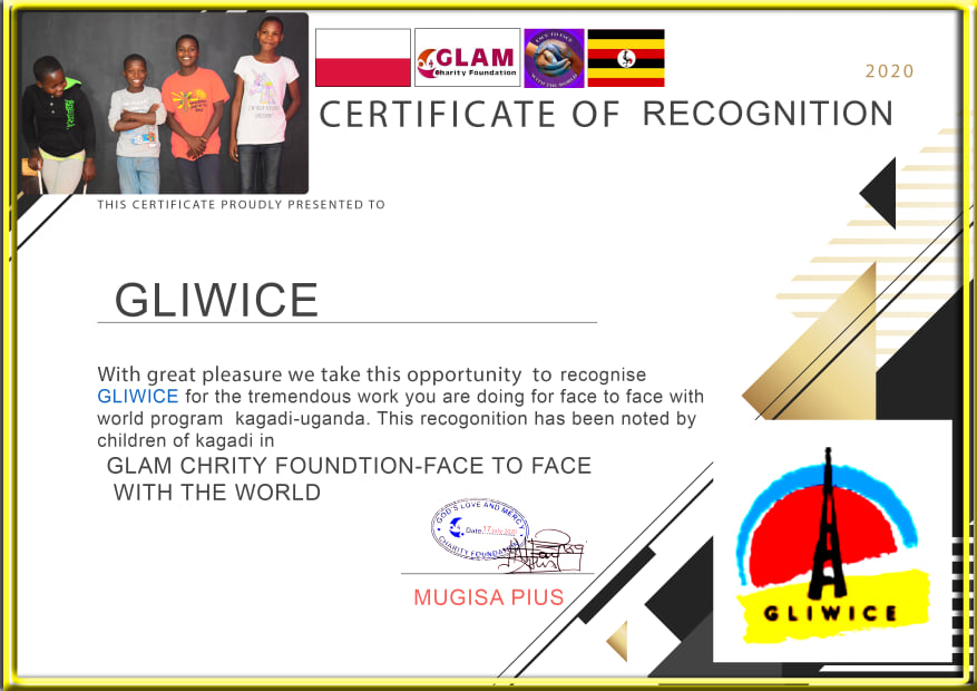 dyplom dla Gliwic w języku angielskim, podpisany przez koordynatora ugandyjskiego projektu
