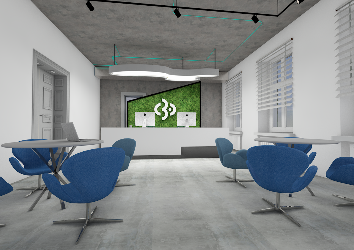 Hall przyszłej siedziby Centrum 3.0 – Gliwickiego Ośrodka Działań Społecznych. Wiz. Biuro Usług Architektonicznych PROFIL