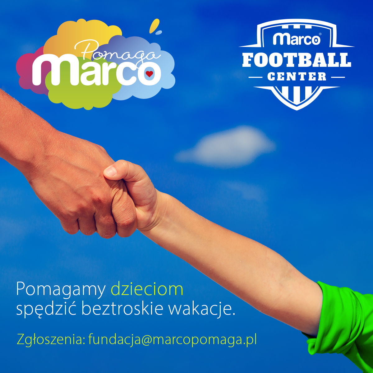 zdjęcie przedstawia ściskające się dłonie dorosłego i dziecka, logo firmy Marco i Fundacji MarcoPomaga 