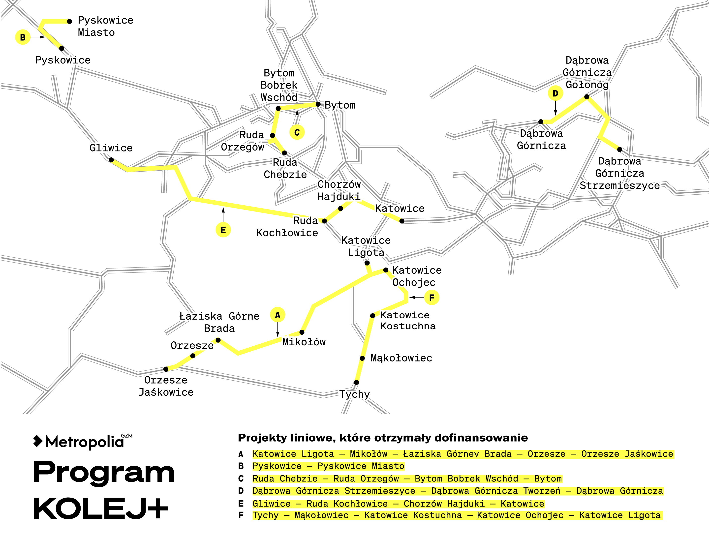 grafika z przebiegiem dofinansowanych połączeń kolejowych na terenie Górnośląsko-Zagłębiowskiej Metropolii 