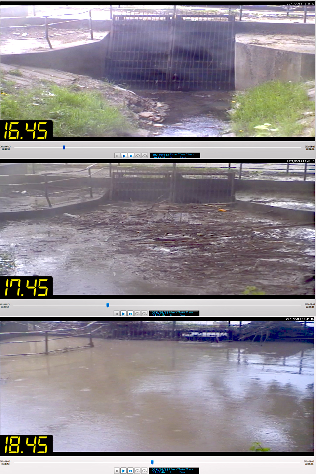 zdjęcia z monitoringu pokazujące wzrost poziomu wody u ujścia Wójtowianki