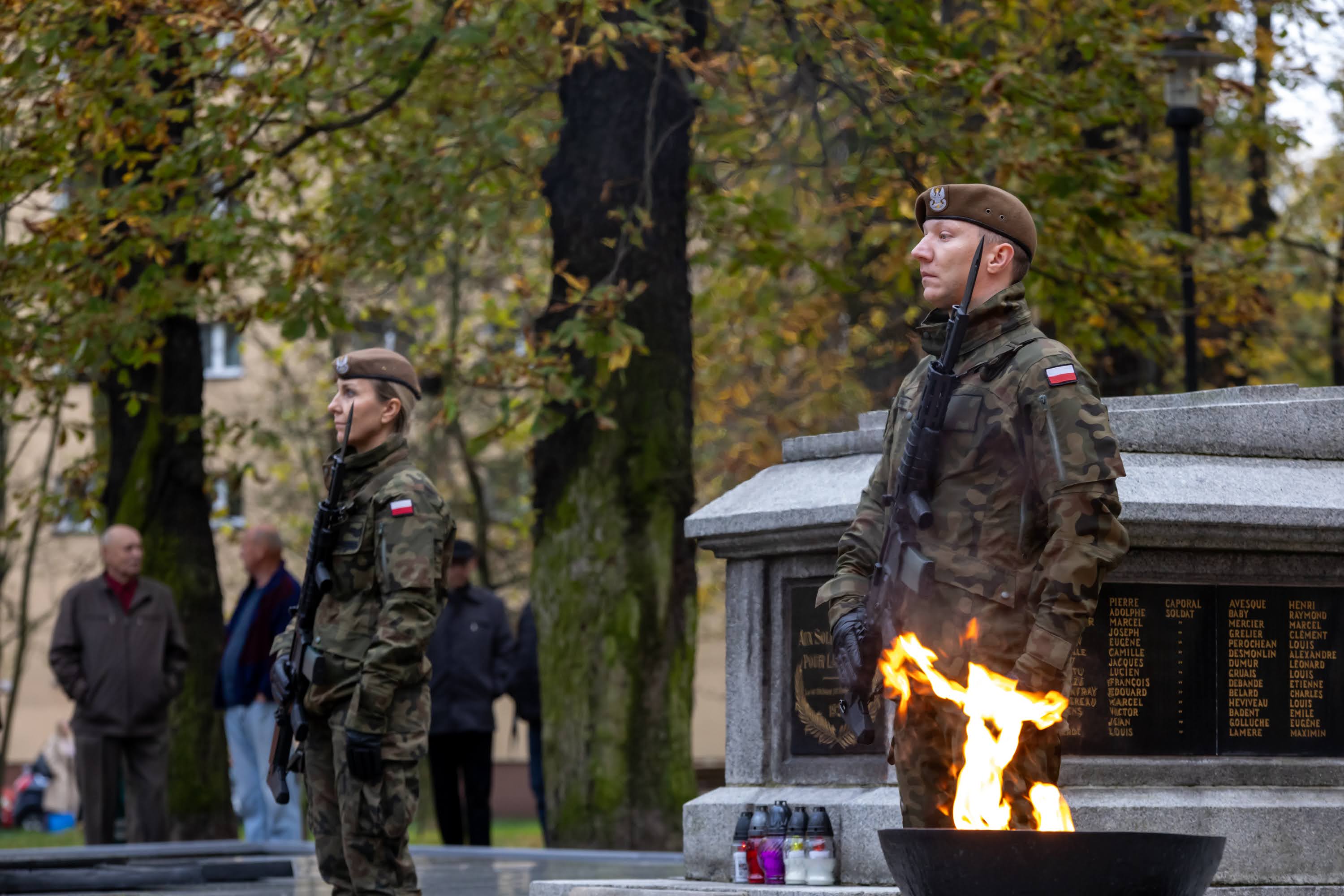Żołnierze stojący na baczność przed pomnikiem żołnierzy francuskich