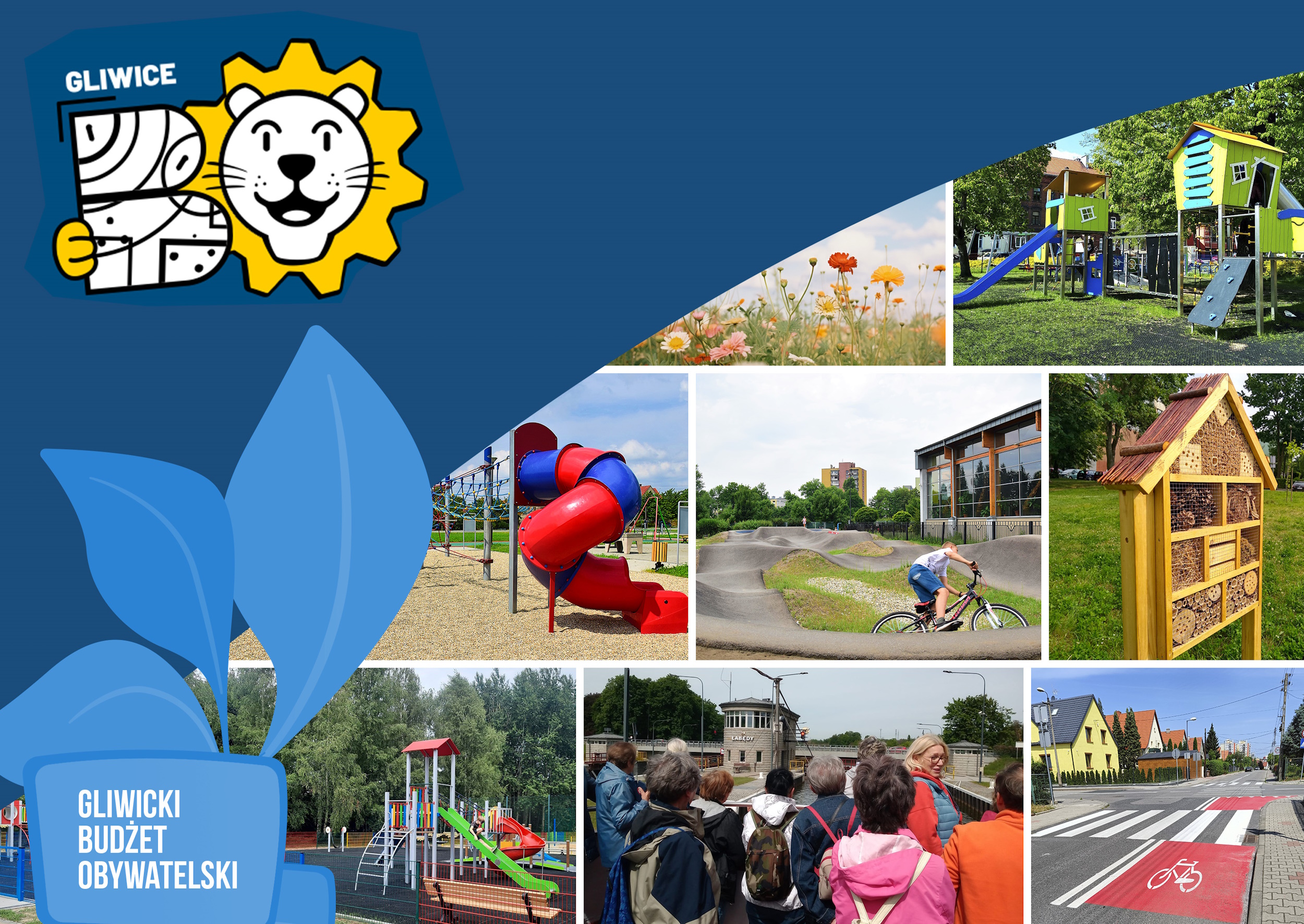 Przykłady działań zrealizowanych w ramach Gliwickiego Budżetu Obywatelskiego: place zabwa dla dzieci, alejki spacerowe, kwietne łąki, współne wycieczki, pasy rowerowe