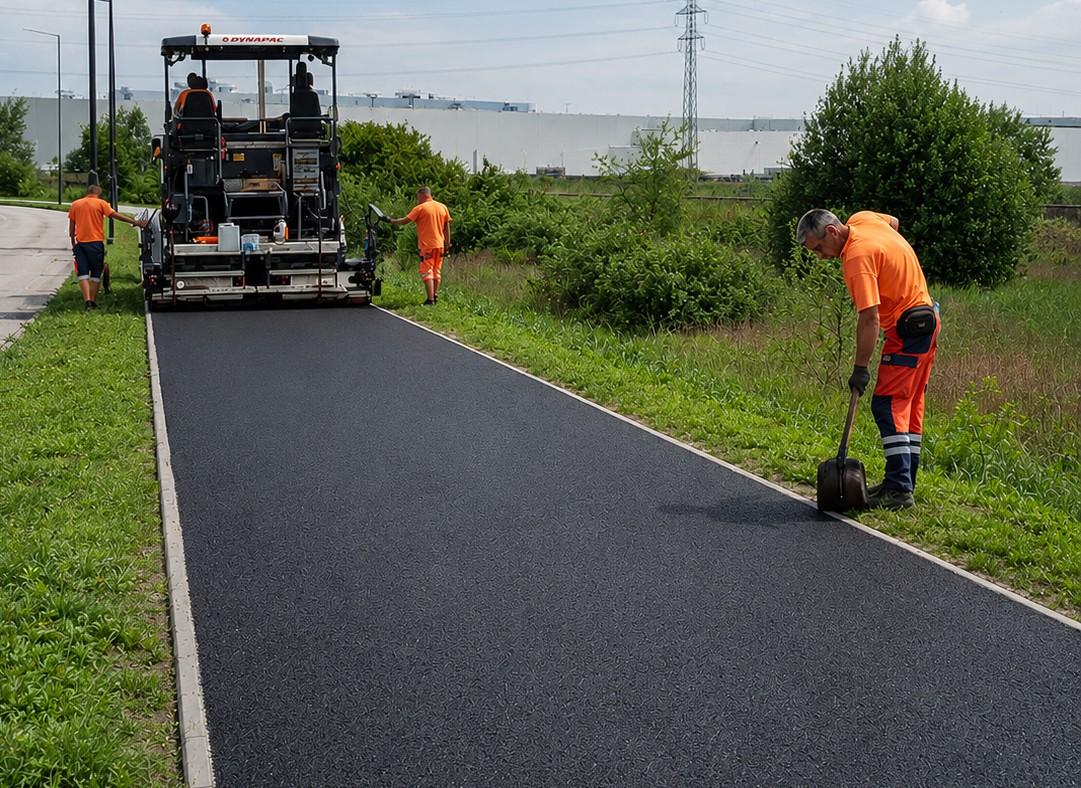 Ostatnia warstwa asfaltu na pierwszym odcinku trasy rowerowej przy ul. Edisona. Finał inwestycji coraz bliżej