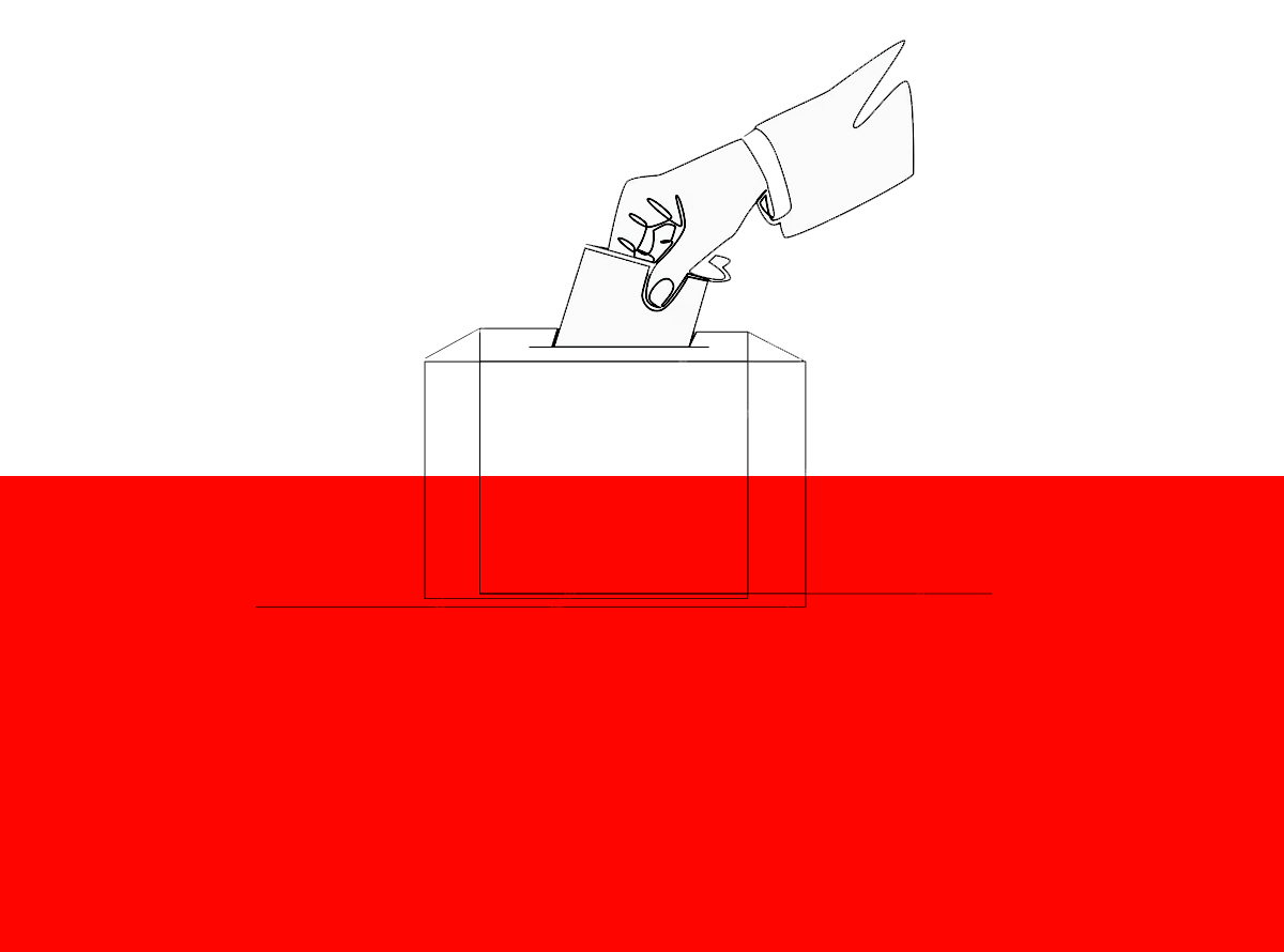 Flaga Polski z rysunkiem wrzucanej karty do urny