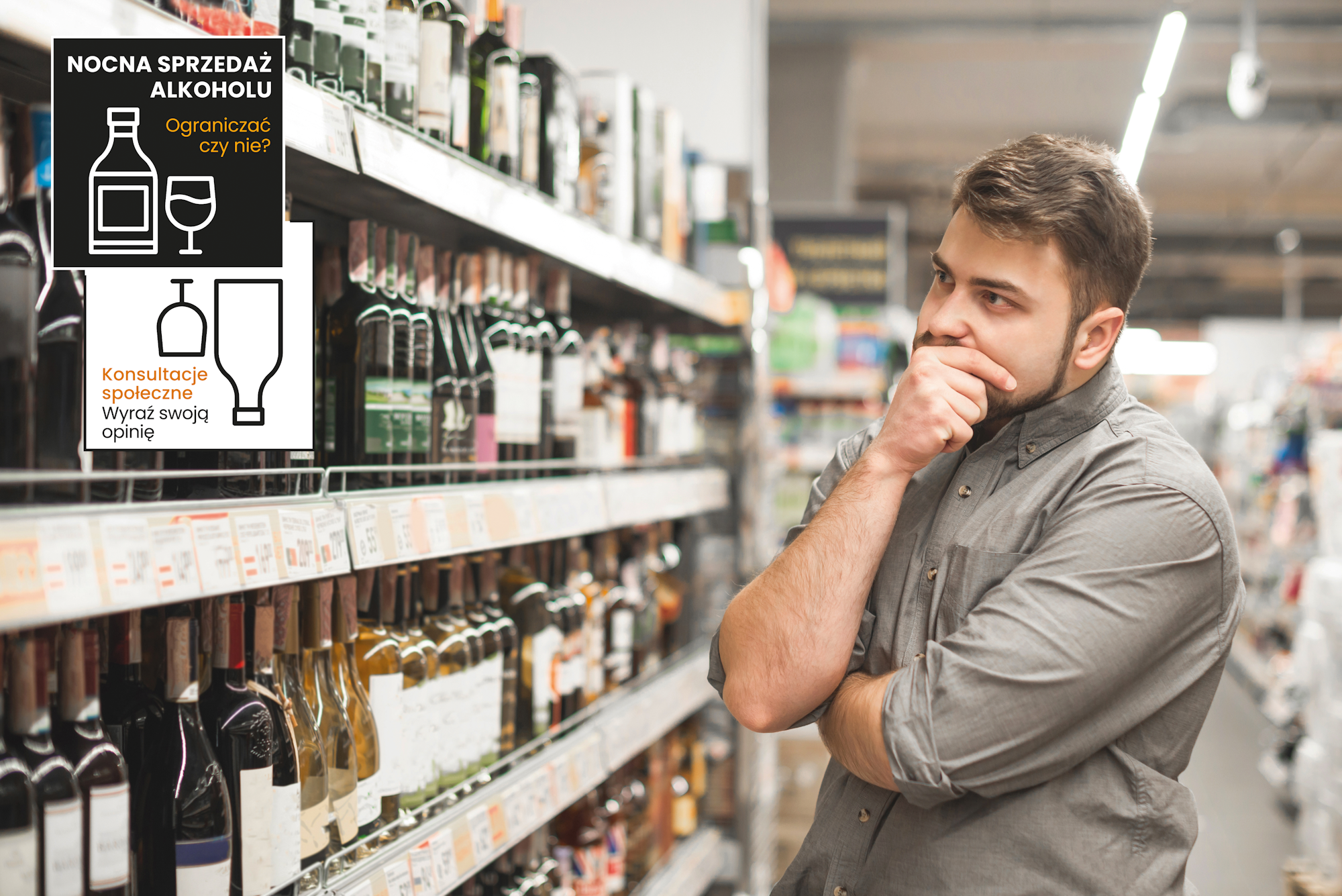 mężczyzna przy półce z alkoholem