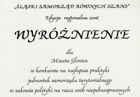 Wyróżnienie w konkursie Samorząd Równych Szans