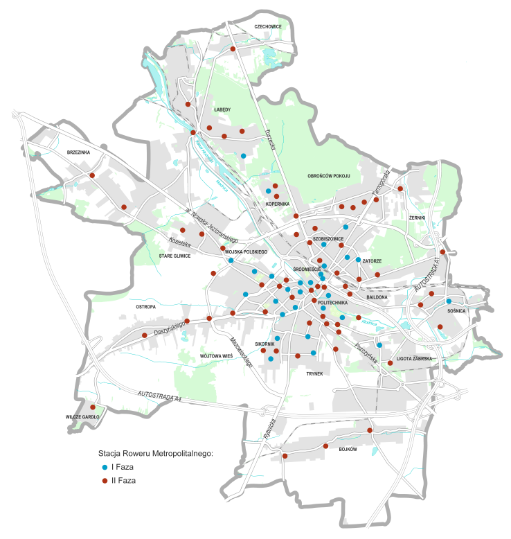 mapa gliwickich stacji Metroroweru